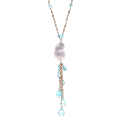 Collar colgante de perlas cultivadas y apatita con detalles en oro, 'Undersea Echo in Blue' - Collar colgante de perlas y apatita con detalles en oro