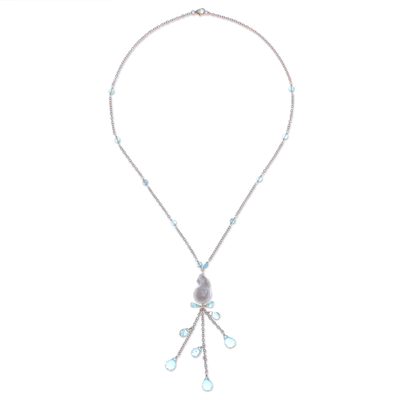 Gold-accented apatite and cultured pearl pendant necklace, 'Undersea Echo in Blue' - Gold-Accented Apatite and Pearl Pendant Necklace