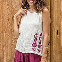 Embroidered cotton top, 'Mulberry Trellis' - Sleeveless Cotton Blouse with Floral Motif