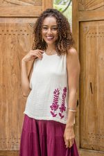 Embroidered cotton top, 'Mulberry Trellis' - Sleeveless Cotton Blouse with Floral Motif