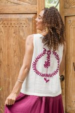 Embroidered cotton top, 'Mulberry Trellis' - Sleeveless Cotton Blouse with Floral Motif
