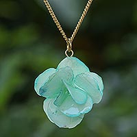 Gold-accented hydrangea petal pendant necklace, 'Sea Hydrangea' - Gold-Accented Hydrangea Petal Pendant Necklace