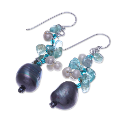 Quartz and cultured pearl dangle earrings, 'Arctic Pearl' - Quartz and Cultured Pearl Cluster Earrings