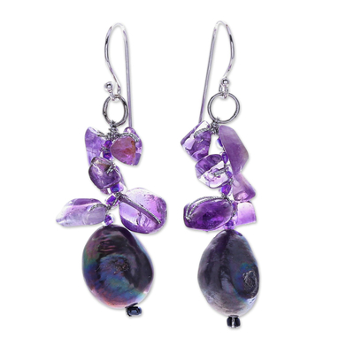 Amethyst and Cultured Pearl Cluster Earrings