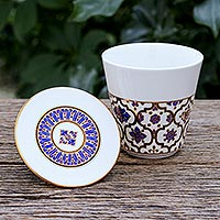 Benjarong porcelain mug, 'Five Colors' - Lidded Benjarong Porcelain Mug from Thailand
