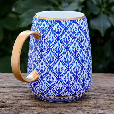 Benjarong porcelain mug, Blue Heaven