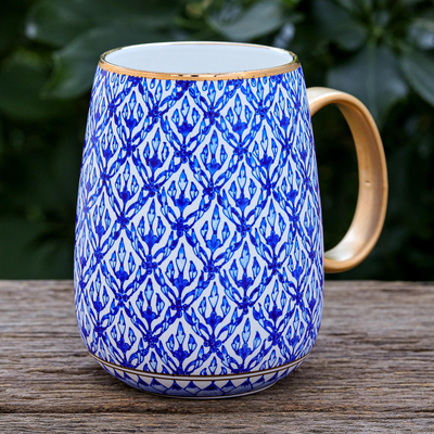 Benjarong porcelain mug, 'Blue Heaven' - Hand Painted Benjarong Porcelain Mug