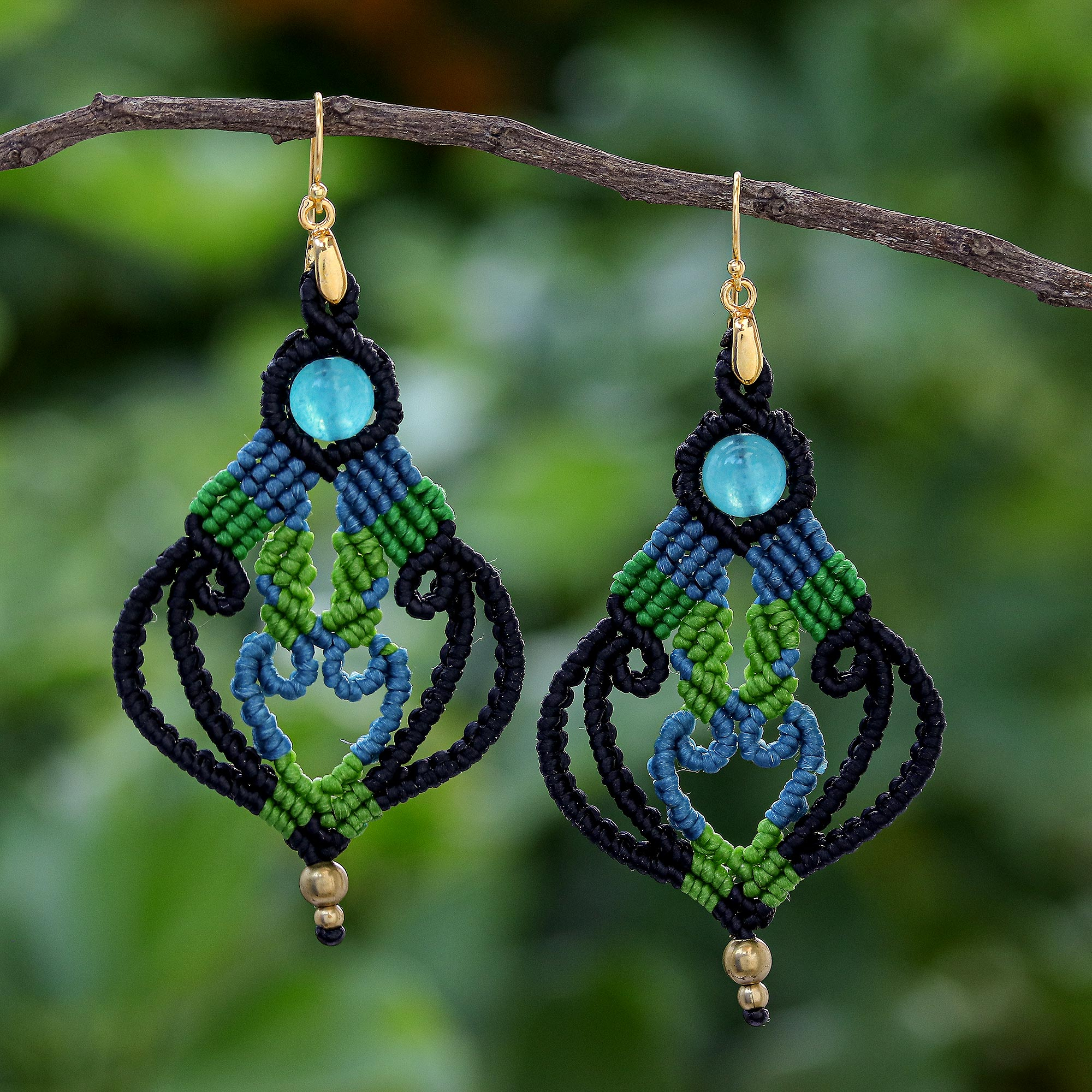 Handcrafted Gold-Accented Macrame Earrings - Boho Blaze in Blue