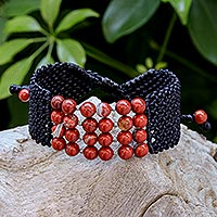 Macrame jasper wristband bracelet, 'Boho Spirit in Red' - Macrame Jasper Wristband Bracelet from Thailand