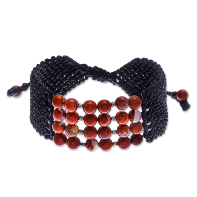 Macrame jasper wristband bracelet, 'Boho Spirit in Red' - Macrame Jasper Wristband Bracelet from Thailand