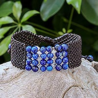 Macrame lapis lazuli wristband bracelet, 'Boho Spirit in Blue' - Macrame Lapis Lazuli Wristband Bracelet