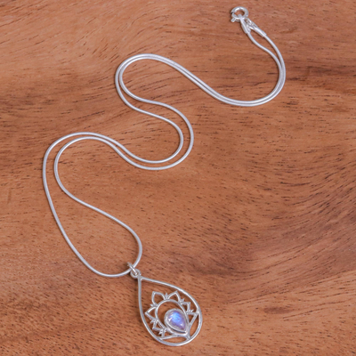 Rainbow moonstone pendant necklace, 'Sense of Calm in Blue Flash' - Rainbow Moonstone and Sterling Silver Pendant Necklace