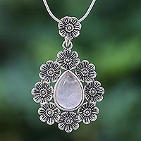 Rose quartz pendant necklace, 'Crowned Beauty in Light Pink' - Rose Quartz Pendant Necklace with Floral Motif