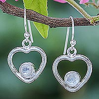 Rainbow moonstone dangle earrings, 'Earnest Offer in Blue Flash' - Rainbow Moonstone Dangle Earrings with Heart Motif