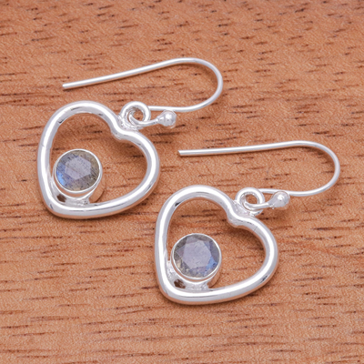 Labradorite dangle earrings, 'Earnest Offer in Iridescent' - Labradorite Dangle Earrings with Heart Motif