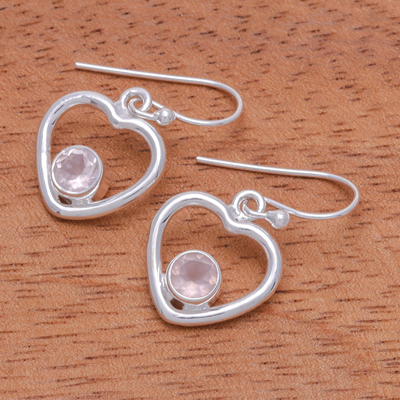 Rose quartz dangle earrings, 'Earnest Offer in Pink' - Thai Rose Quartz Dangle Earrings with Heart Motif