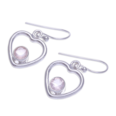 Rose quartz dangle earrings, 'Earnest Offer in Pink' - Thai Rose Quartz Dangle Earrings with Heart Motif