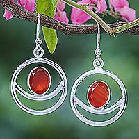 Carnelian dangle earrings, 'Grinning Moon in Orange' - Carnelian and Sterling Silver Dangle Earrings
