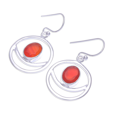 Carnelian dangle earrings, 'Grinning Moon in Orange' - Carnelian and Sterling Silver Dangle Earrings