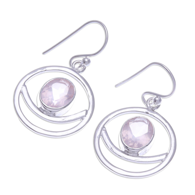Rose quartz dangle earrings, 'Grinning Moon in Pink' - Hand Crafted Rose Quartz Dangle Earrings