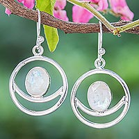 Rainbow moonstone dangle earrings, 'Grinning Moon in Blue Flash' - Artisan Crafted Rainbow Moonstone Dangle Earrings
