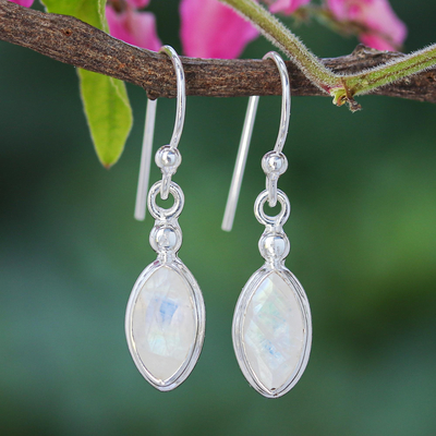 Rainbow moonstone dangle earrings, 'Spark Joy in Blue Flash' - Handmade Thai Rainbow Moonstone Dangle Earrings
