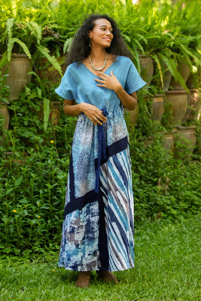 Hand-Painted Batik Linen Maxi Skirt, 'Chiang Mai Rains'