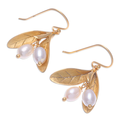 Gold-plated cultured pearl dangle earrings, 'Bearing Fruit' - Gold-Plated Cultured Pearl Dangle Earrings