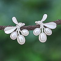 Cultured pearl drop earrings, 'Tropical Taste' - Cultured Pearl Drop Earrings with Leaf Motif