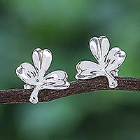 Sterling silver button earrings, 'Planted' - Thai Sterling Silver Button Earrings with Leaf Motif