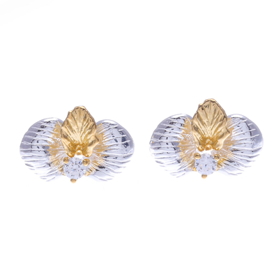 Gold-Accented Button Earrings with Orchid Motif