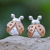 Rose gold and sterling silver stud earrings, 'Little Lady' - 14k Rose Gold Accented Stud Earrings