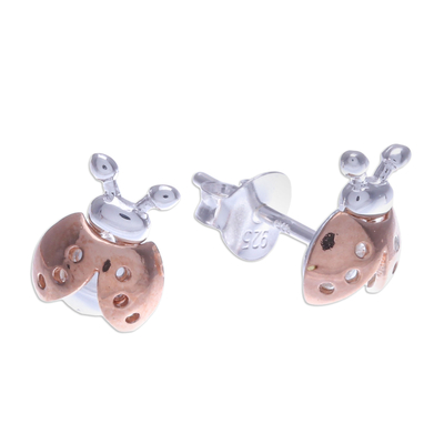 Rose gold and sterling silver stud earrings, 'Little Lady' - 14k Rose Gold Accented Stud Earrings