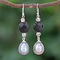 Onyx and cultured pearl dangle earrings, 'Smoky Campfire' - Thai Onyx and Cultured Pearl Dangle Earrings
