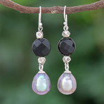 Onyx and cultured pearl dangle earrings, 'Smoky Campfire' - Thai Onyx and Cultured Pearl Dangle Earrings