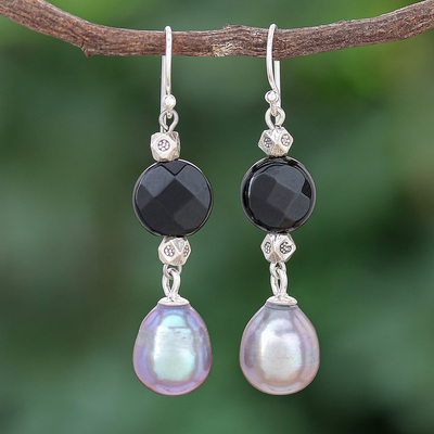 Onyx and cultured pearl dangle earrings, Smoky Campfire