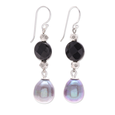 Onyx and cultured pearl dangle earrings, 'Smoky Campfire' - Thai Onyx and Cultured Pearl Dangle Earrings