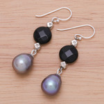 Onyx and cultured pearl dangle earrings, 'Smoky Campfire' - Thai Onyx and Cultured Pearl Dangle Earrings