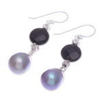 Onyx and cultured pearl dangle earrings, 'Smoky Campfire' - Thai Onyx and Cultured Pearl Dangle Earrings