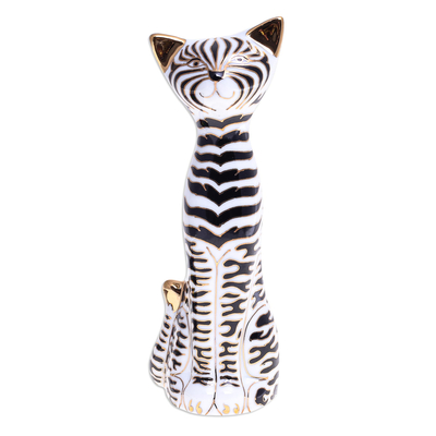 Jarrón de porcelana, 'Gato Cebra' - Jarrón de gato de porcelana dorada