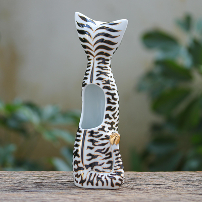 Porcelain vase, 'Zebra Cat' - Gilded Porcelain Cat Vase