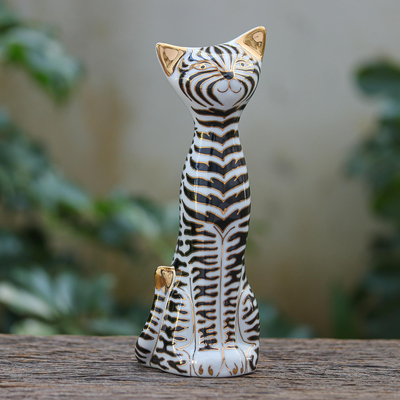 Porcelain statuette, 'Zebra Cat' - Hand Painted Black and White Cat Statuette