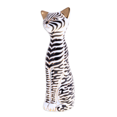 Porcelain statuette, 'Zebra Cat' - Hand Painted Black and White Cat Statuette