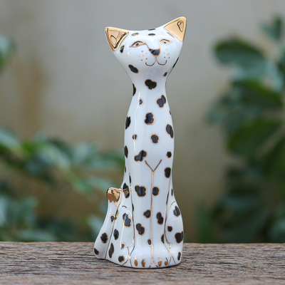 estatuilla de porcelana - Figura de gato de porcelana benjarong hecha a mano