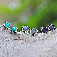 Gemstone stud earrings, 'Breezy Morning' (set of 3) - Artisan Crafted Gemstone Stud Earrings (Set of 3)