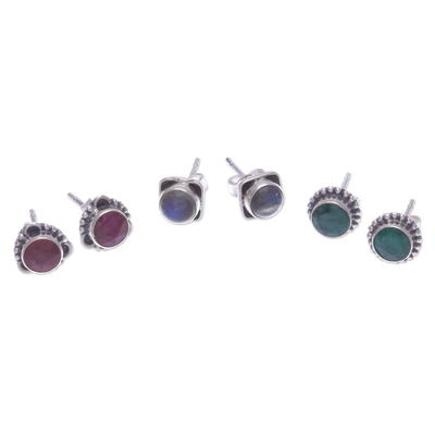 Gemstone stud earrings, 'Day to Day' (set of 3) - Handmade Thai Gemstone Stud Earrings (Set of 3)
