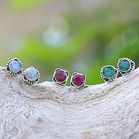 Gemstone stud earrings, 'Day to Night' (set of 3) - Handcrafted Thai Gemstone Stud Earrings (Set of 3)