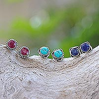 Gemstone stud earrings, 'First Taste' (set of 3) - Gemstone and Sterling Silver Stud Earrings (Set of 3)