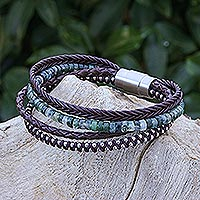 Leather and agate beaded bracelet, 'Shaded Canopy' - Thai Leather and Moss Agate Beaded Bracelet