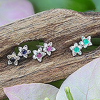 Gemstone stud earrings, 'Color Prism' (set of 3) - Gemstone Stud Earrings with Floral Motif (Set of 3)